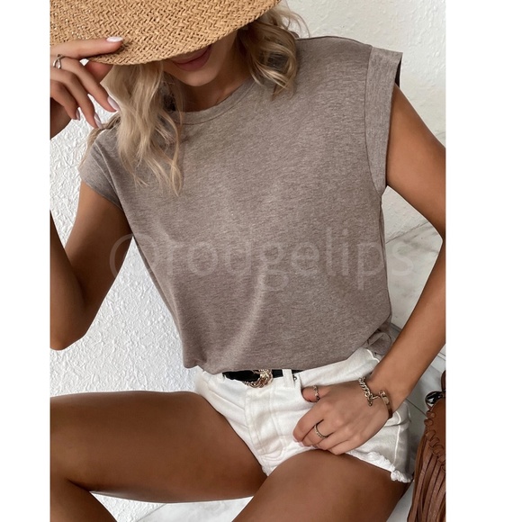 Mocha Brown Crew Neck Muscle Tee Top Shirt Cap Sleeve, Round Neck - Picture 6 of 11